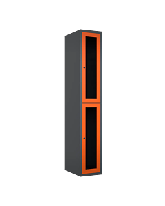 Halfhoge doorzichtige locker voor 2 personen met kledingroede + 3 kledinghaken per vak - H.180 x B.30 cm Antraciet (RAL7024) Oranje (RAL2004)