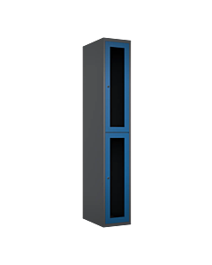 Halfhoge doorzichtige locker voor 2 personen met kledingroede + 3 kledinghaken per vak - H.180 x B.30 cm Antraciet (RAL7024) Blauw (RAL5010)