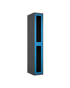 Halfhoge doorzichtige locker voor 2 personen met kledingroede + 3 kledinghaken per vak - H.180 x B.30 cm Antraciet (RAL7024) Lichtblauw (RAL5015)