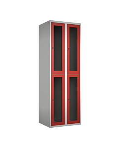 Halfhoge doorzichtige locker voor 4 personen met kledingroede + 3 kledinghaken per vak - H.180 x B.60 cm Lichtgrijs (RAL7035) Rood (RAL3000)