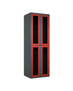 Halfhoge doorzichtige locker voor 4 personen met kledingroede + 3 kledinghaken per vak - H.180 x B.60 cm Antraciet (RAL7024) Rood (RAL3000)