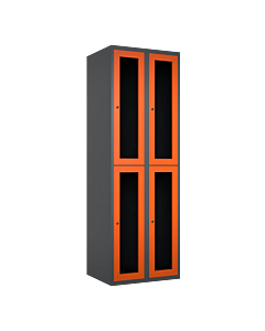 Halfhoge doorzichtige locker voor 4 personen met kledingroede + 3 kledinghaken per vak - H.180 x B.60 cm Antraciet (RAL7024) Oranje (RAL2004)