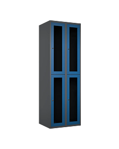 Halfhoge doorzichtige locker voor 4 personen met kledingroede + 3 kledinghaken per vak - H.180 x B.60 cm Antraciet (RAL7024) Blauw (RAL5010)