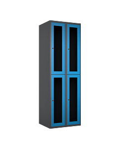 Halfhoge doorzichtige locker voor 4 personen met kledingroede + 3 kledinghaken per vak - H.180 x B.60 cm Antraciet (RAL7024) Lichtblauw (RAL5015)