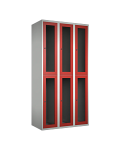 Halfhoge doorzichtige locker voor 6 personen met kledingroede + 3 kledinghaken per vak - H.180 x B.90 cm Lichtgrijs (RAL7035) Rood (RAL3000)