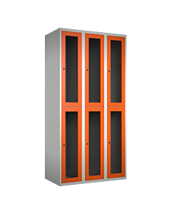 Halfhoge doorzichtige locker voor 6 personen met kledingroede + 3 kledinghaken per vak - H.180 x B.90 cm Lichtgrijs (RAL7035) Oranje (RAL2004)