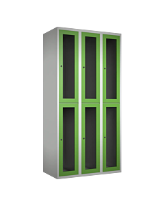 Halfhoge doorzichtige locker voor 6 personen met kledingroede + 3 kledinghaken per vak - H.180 x B.90 cm Lichtgrijs (RAL7035) Groen (RAL6018)
