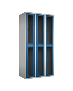 Halfhoge doorzichtige locker voor 6 personen met kledingroede + 3 kledinghaken per vak - H.180 x B.90 cm Lichtgrijs (RAL7035) Blauw (RAL5010)