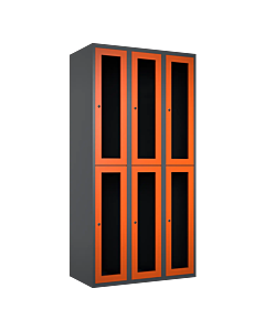 Halfhoge doorzichtige locker voor 6 personen met kledingroede + 3 kledinghaken per vak - H.180 x B.90 cm Antraciet (RAL7024) Oranje (RAL2004)