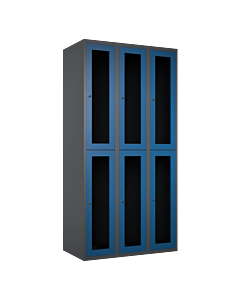 Halfhoge doorzichtige locker voor 6 personen met kledingroede + 3 kledinghaken per vak - H.180 x B.90 cm Antraciet (RAL7024) Blauw (RAL5010)