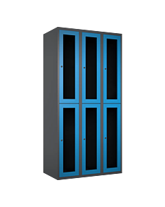 Halfhoge doorzichtige locker voor 6 personen met kledingroede + 3 kledinghaken per vak - H.180 x B.90 cm Antraciet (RAL7024) Lichtblauw (RAL5015)