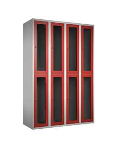 Halfhoge doorzichtige locker voor 8 personen met kledingroede + 3 kledinghaken per vak - H.180 x B.120 cm Lichtgrijs (RAL7035) Rood (RAL3000)