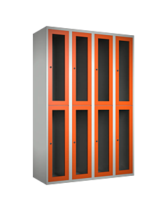 Halfhoge doorzichtige locker voor 8 personen met kledingroede + 3 kledinghaken per vak - H.180 x B.120 cm Lichtgrijs (RAL7035) Oranje (RAL2004)