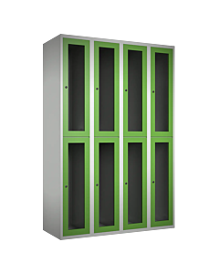 Halfhoge doorzichtige locker voor 8 personen met kledingroede + 3 kledinghaken per vak - H.180 x B.120 cm Lichtgrijs (RAL7035) Groen (RAL6018)