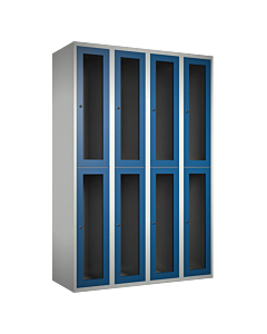 Halfhoge doorzichtige locker voor 8 personen met kledingroede + 3 kledinghaken per vak - H.180 x B.120 cm Lichtgrijs (RAL7035) Blauw (RAL5010)