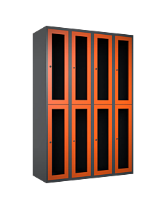 Halfhoge doorzichtige locker voor 8 personen met kledingroede + 3 kledinghaken per vak - H.180 x B.120 cm Antraciet (RAL7024) Oranje (RAL2004)