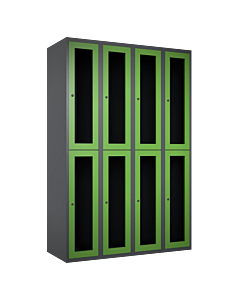 Halfhoge doorzichtige locker voor 8 personen met kledingroede + 3 kledinghaken per vak - H.180 x B.120 cm Antraciet (RAL7024) Groen (RAL6018)