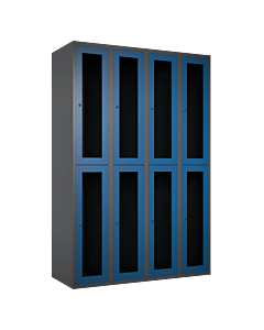 Halfhoge doorzichtige locker voor 8 personen met kledingroede + 3 kledinghaken per vak - H.180 x B.120 cm Antraciet (RAL7024) Blauw (RAL5010)