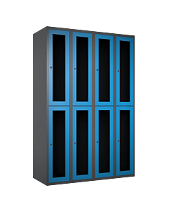 Halfhoge doorzichtige locker voor 8 personen met kledingroede + 3 kledinghaken per vak - H.180 x B.120 cm Antraciet (RAL7024) Lichtblauw (RAL5015)
