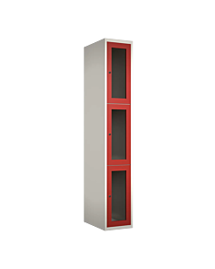 Metalen locker met 3 vakken en plexiglas deuren - H.180 x B.30 cm Wit (RAL9010) Rood (RAL3000)