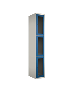 Metalen locker met 3 vakken en plexiglas deuren - H.180 x B.30 cm Wit (RAL9010) Blauw (RAL5010)