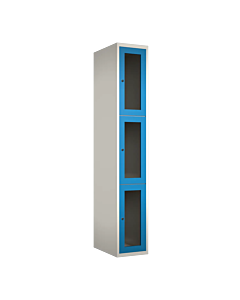 Metalen locker met 3 vakken en plexiglas deuren - H.180 x B.30 cm Wit (RAL9010) Lichtblauw (RAL5015)