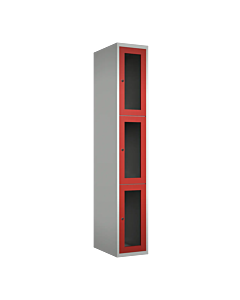 Metalen locker met 3 vakken en plexiglas deuren - H.180 x B.30 cm Lichtgrijs (RAL7035) Rood (RAL3000)