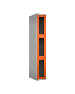 Metalen locker met 3 vakken en plexiglas deuren - H.180 x B.30 cm Lichtgrijs (RAL7035) Oranje (RAL2004)