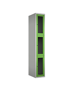 Metalen locker met 3 vakken en plexiglas deuren - H.180 x B.30 cm Lichtgrijs (RAL7035) Groen (RAL6018)