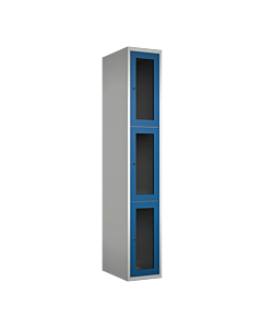 Metalen locker met 3 vakken en plexiglas deuren - H.180 x B.30 cm Lichtgrijs (RAL7035) Blauw (RAL5010)
