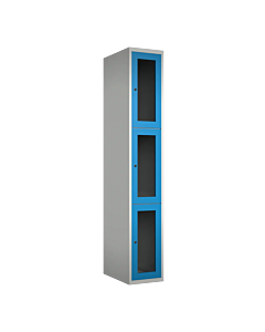 Metalen locker met 3 vakken en plexiglas deuren - H.180 x B.30 cm Lichtgrijs (RAL7035) Lichtblauw (RAL5015)