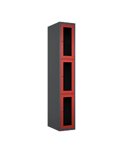 Metalen locker met 3 vakken en plexiglas deuren - H.180 x B.30 cm Antraciet (RAL7024) Rood (RAL3000)