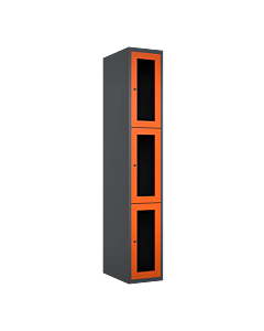 Metalen locker met 3 vakken en plexiglas deuren - H.180 x B.30 cm Antraciet (RAL7024) Oranje (RAL2004)