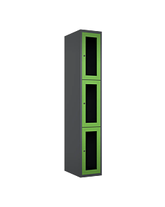 Metalen locker met 3 vakken en plexiglas deuren - H.180 x B.30 cm Antraciet (RAL7024) Groen (RAL6018)