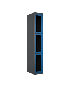 Metalen locker met 3 vakken en plexiglas deuren - H.180 x B.30 cm Antraciet (RAL7024) Blauw (RAL5010)