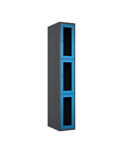 Metalen locker met 3 vakken en plexiglas deuren - H.180 x B.30 cm Antraciet (RAL7024) Lichtblauw (RAL5015)