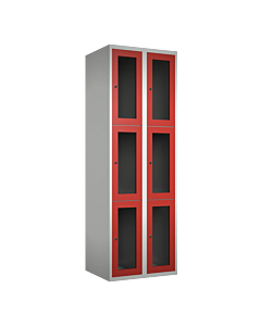 Metalen locker met 6 vakken en plexiglas deuren - H.180 x B.60 cm Lichtgrijs (RAL7035) Rood (RAL3000)