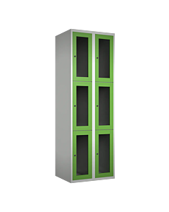 Metalen locker met 6 vakken en plexiglas deuren - H.180 x B.60 cm Lichtgrijs (RAL7035) Groen (RAL6018)