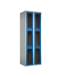 Metalen locker met 6 vakken en plexiglas deuren - H.180 x B.60 cm Lichtgrijs (RAL7035) Blauw (RAL5010)