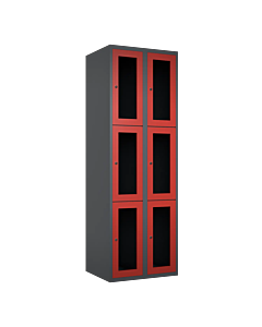 Metalen locker met 6 vakken en plexiglas deuren - H.180 x B.60 cm Antraciet (RAL7024) Rood (RAL3000)