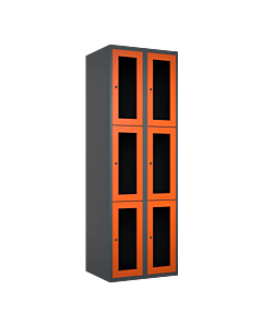 Metalen locker met 6 vakken en plexiglas deuren - H.180 x B.60 cm Antraciet (RAL7024) Oranje (RAL2004)