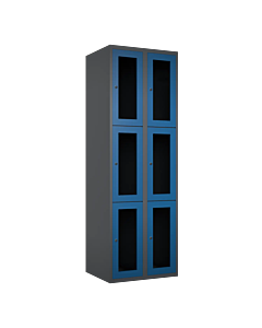 Metalen locker met 6 vakken en plexiglas deuren - H.180 x B.60 cm Antraciet (RAL7024) Blauw (RAL5010)