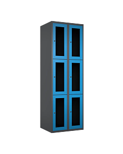 Metalen locker met 6 vakken en plexiglas deuren - H.180 x B.60 cm Antraciet (RAL7024) Lichtblauw (RAL5015)