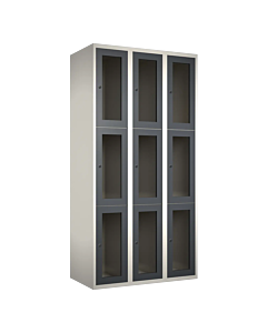 Metalen locker met 9 vakken en plexiglas deuren - H.180 x B.90 cm Wit (RAL9010) Antraciet (RAL7024)