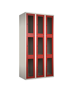 Metalen locker met 9 vakken en plexiglas deuren - H.180 x B.90 cm Wit (RAL9010) Rood (RAL3000)