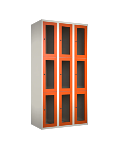 Metalen locker met 9 vakken en plexiglas deuren - H.180 x B.90 cm Wit (RAL9010) Oranje (RAL2004)