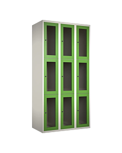 Metalen locker met 9 vakken en plexiglas deuren - H.180 x B.90 cm Wit (RAL9010) Groen (RAL6018)