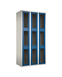 Metalen locker met 9 vakken en plexiglas deuren - H.180 x B.90 cm Wit (RAL9010) Blauw (RAL5010)