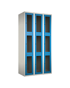 Metalen locker met 9 vakken en plexiglas deuren - H.180 x B.90 cm Wit (RAL9010) Lichtblauw (RAL5015)