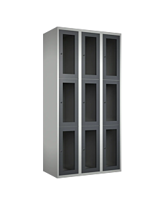 Metalen locker met 9 vakken en plexiglas deuren - H.180 x B.90 cm Lichtgrijs (RAL7035) Antraciet (RAL7024)